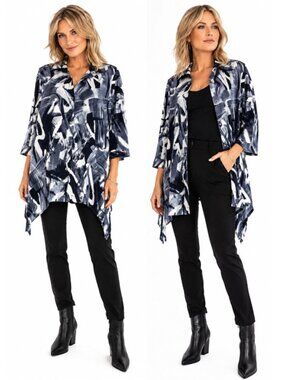 Joseph Ribkoff Abstract Brushstroke Tunic Cardigan Jacket Size 6 Navy White